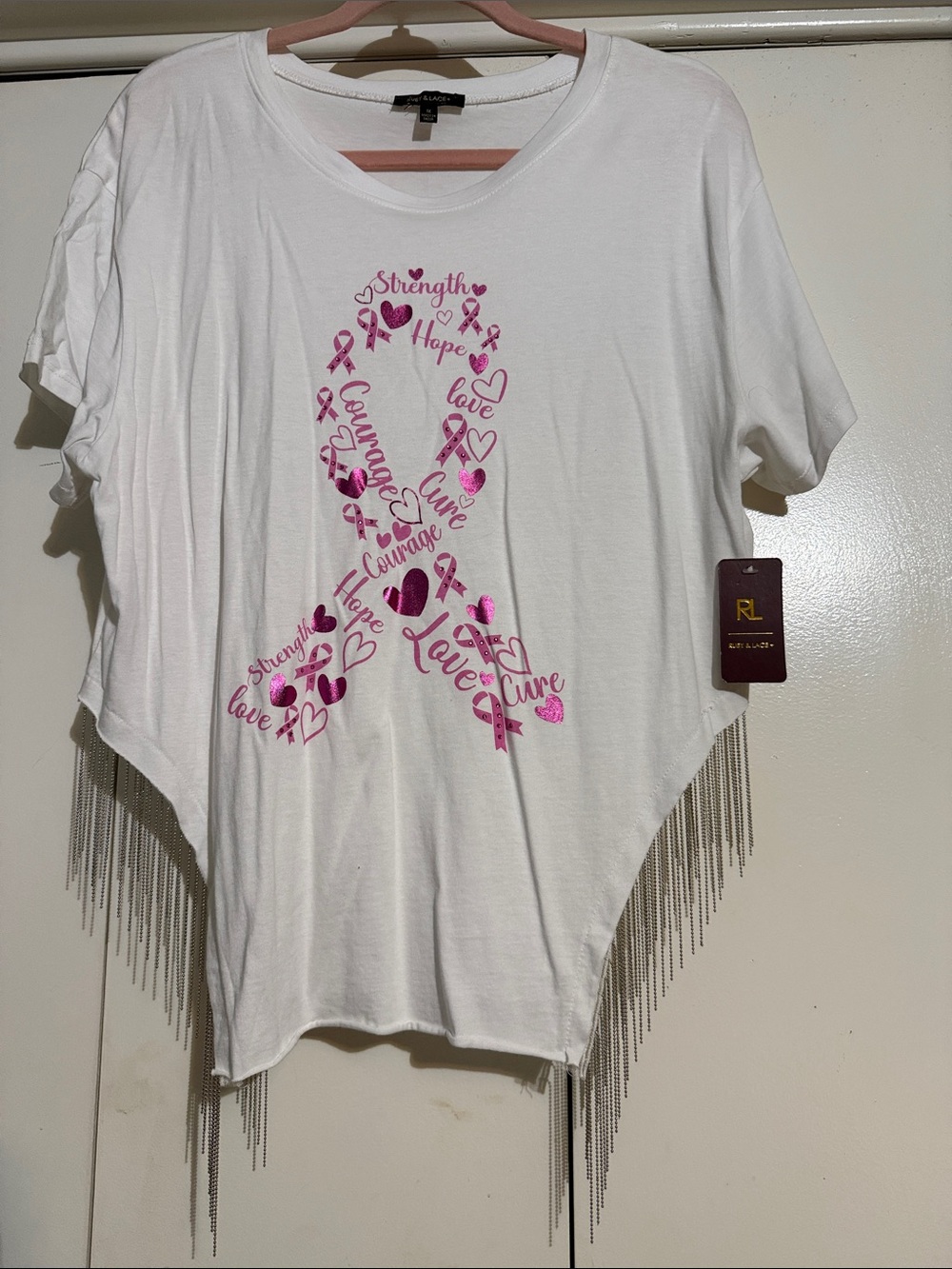 RL Lauren Ralph Lauren White Short Sleeve Tee with Pink Ribbon and silver fringe